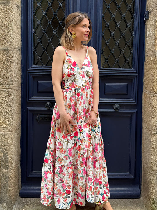 Robe Longue Silvere – Motif Floral & Lurex Doré