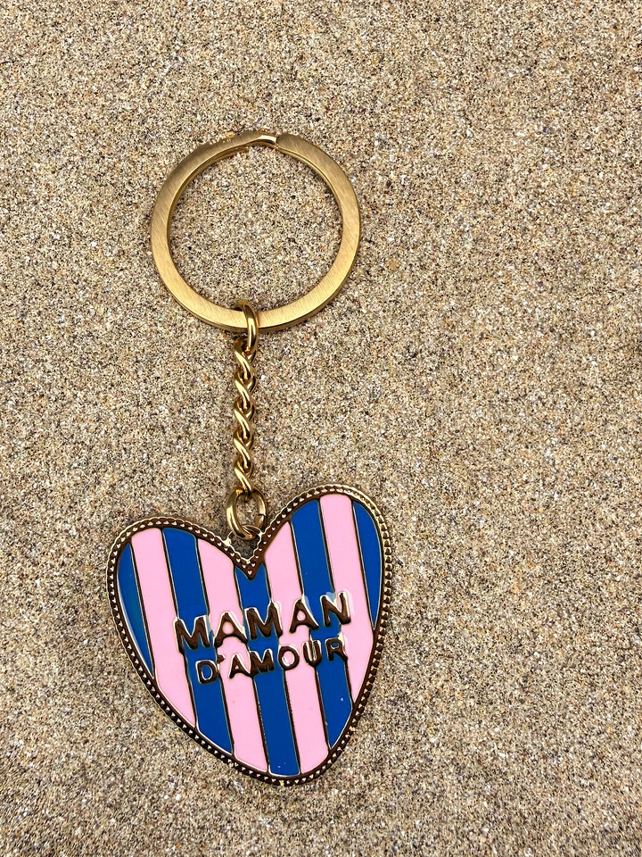 Porte clé à rayures Maman d'Amour bleu & rose