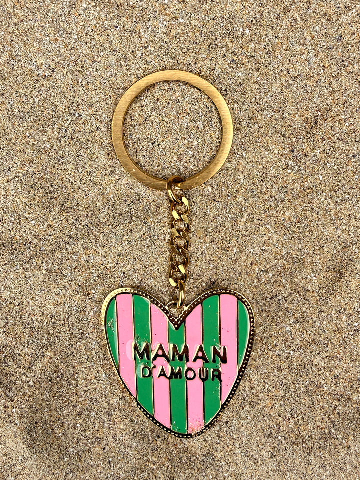 Porte clé à rayures Maman d'Amour vert & rose