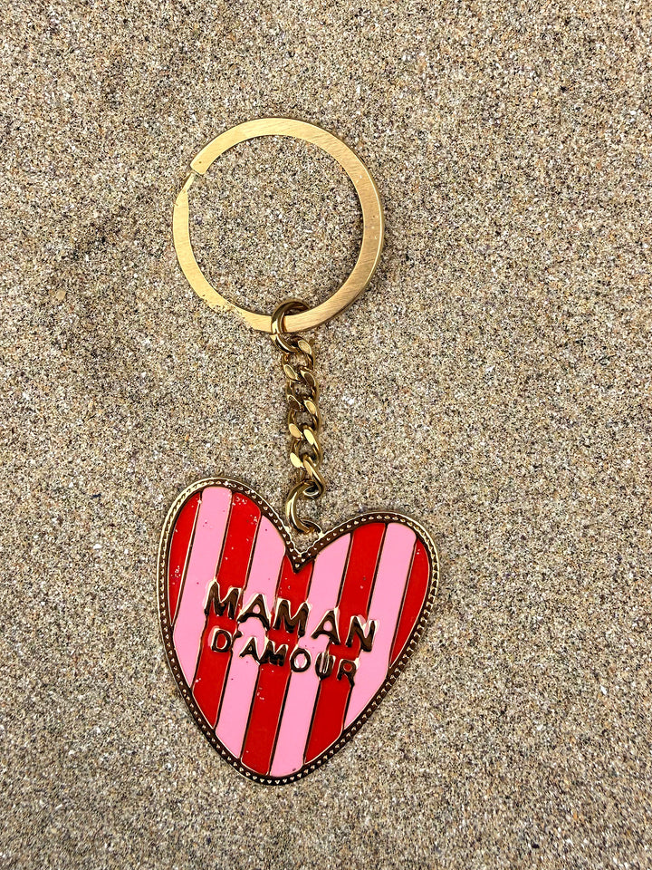 Porte clé à rayures Maman d'Amour rose & rouge