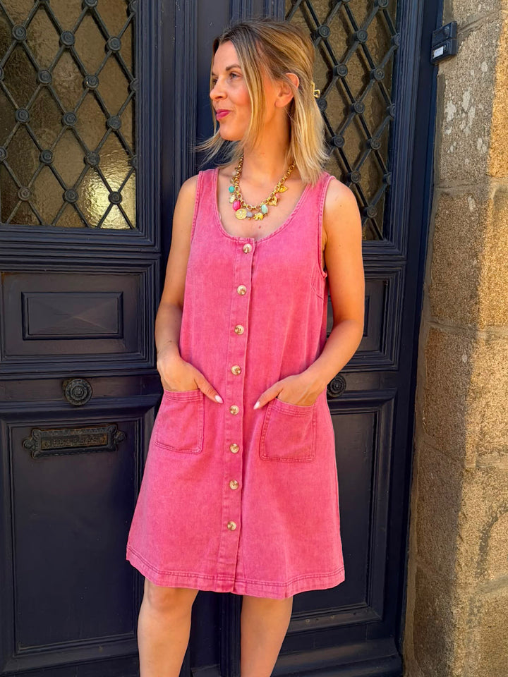 Robe en jean a bretelles vieux rose Gina