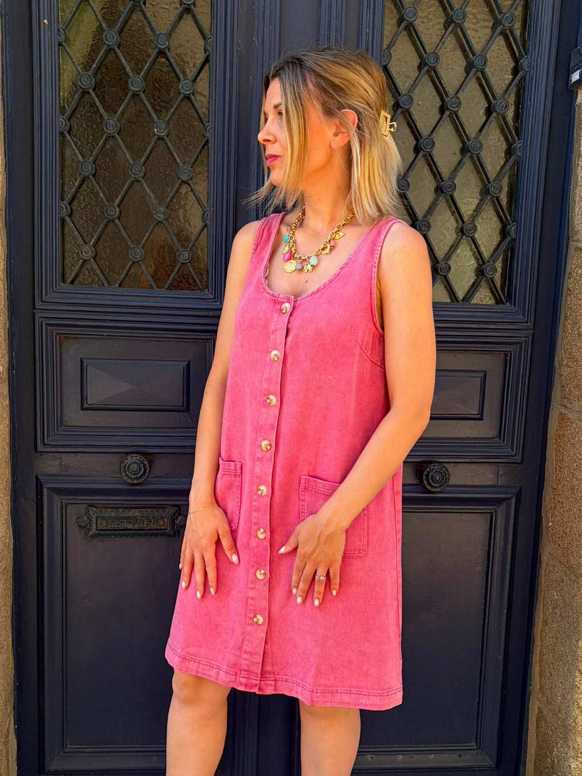 Robe en jean a bretelles vieux rose Gina