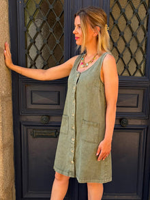 Robe en jean a bretelles kaki Gina