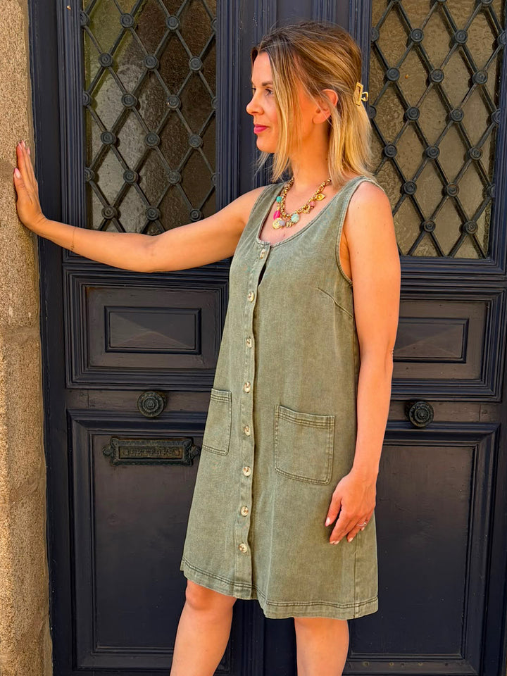 Robe en jean a bretelles kaki Gina