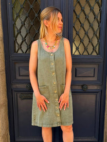 Robe en jean a bretelles kaki Gina