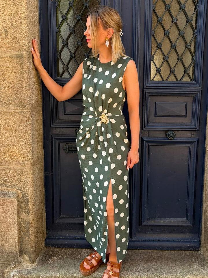 Robe longue Kaki à pois Serena