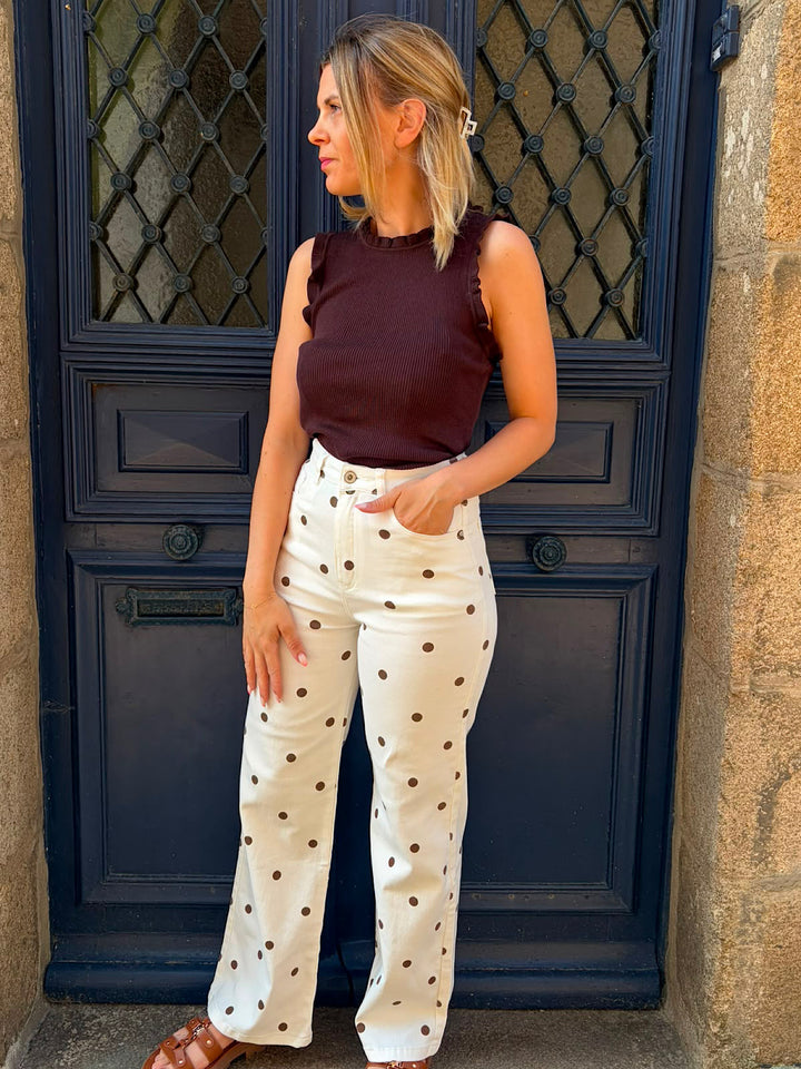 Pantalon blanc à pois chocolat Côme