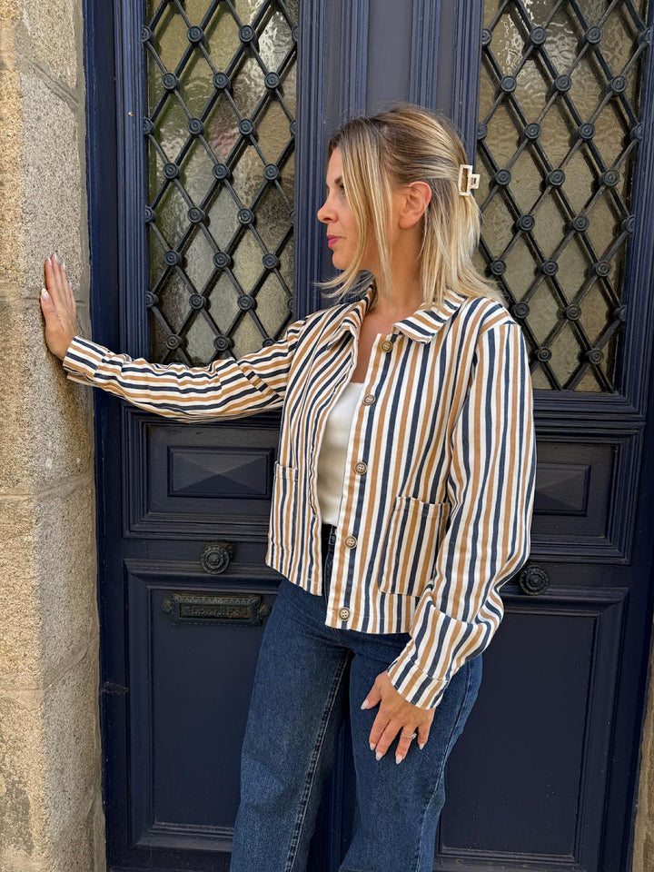 Veste en Jean Rayée Evan – Col Chemise Coupe Droite |