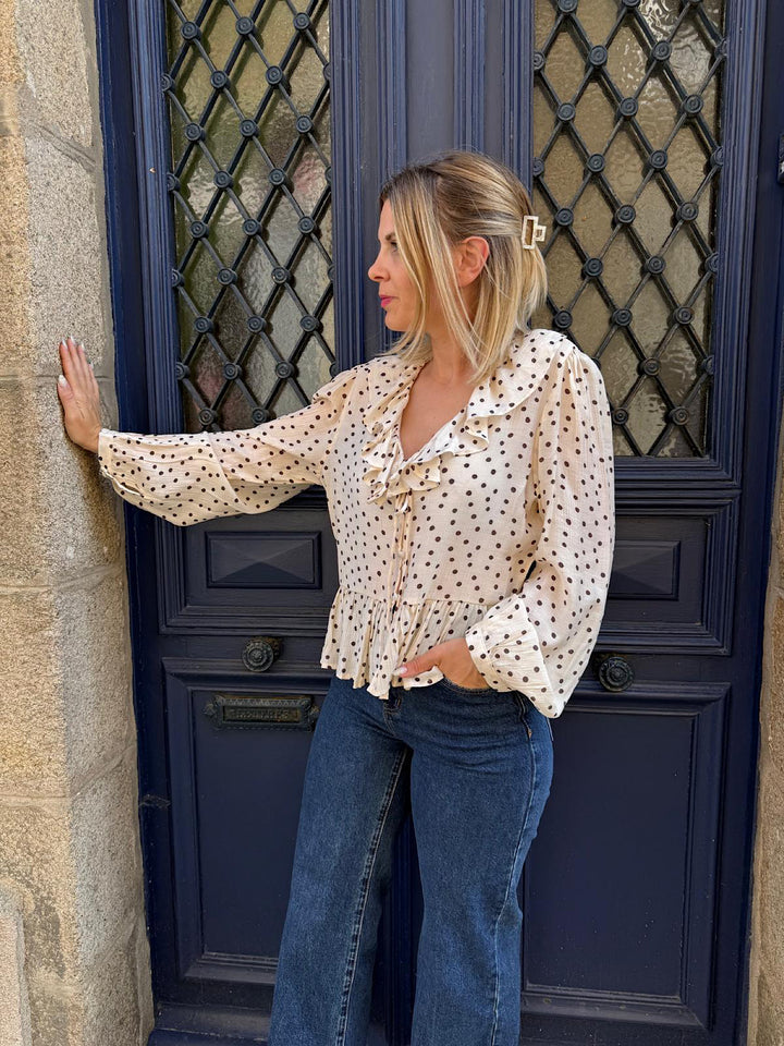 Blouse à Pois Emeline – Décolleté V Manches Bouffantes Style Romantique |