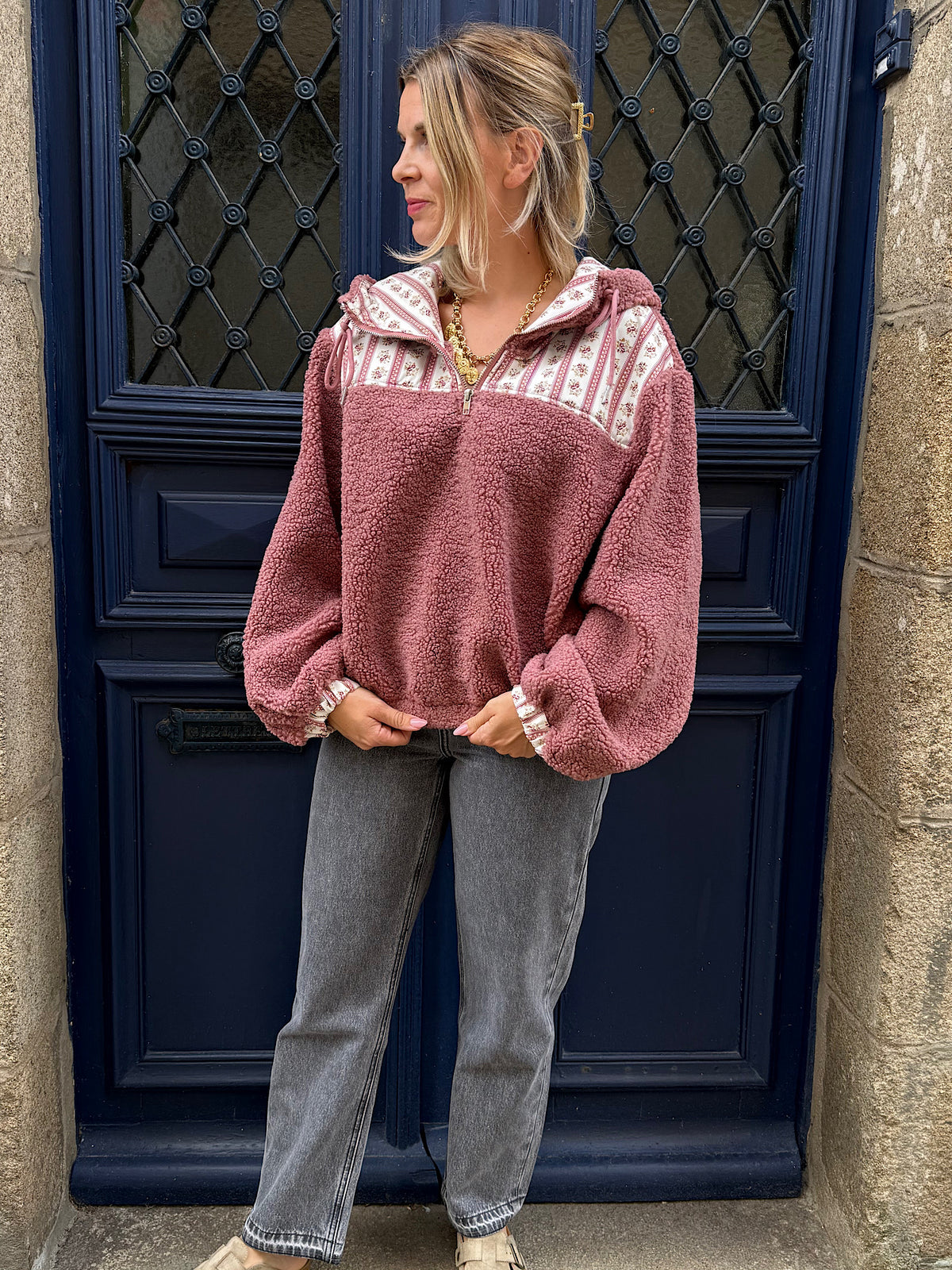 Sweat à capuche polaire vieux rose Marine