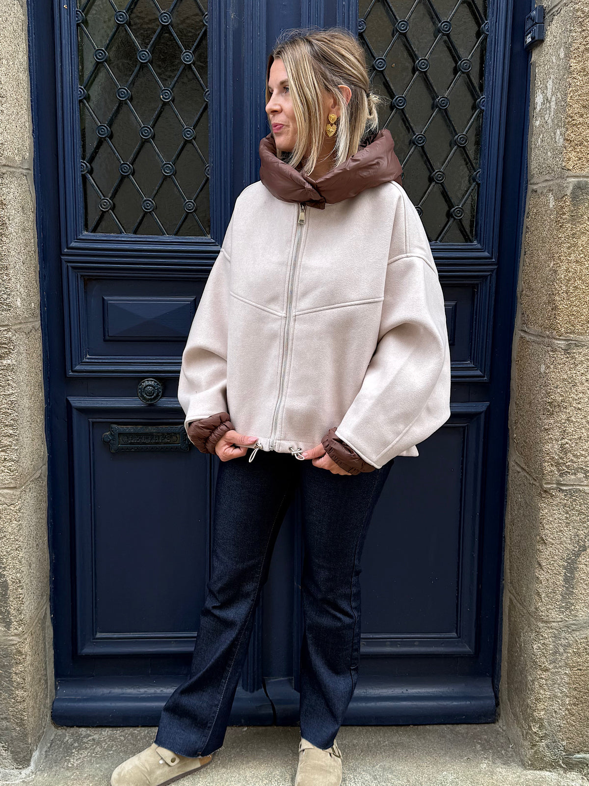 Manteau écru a capuche amovible Elena