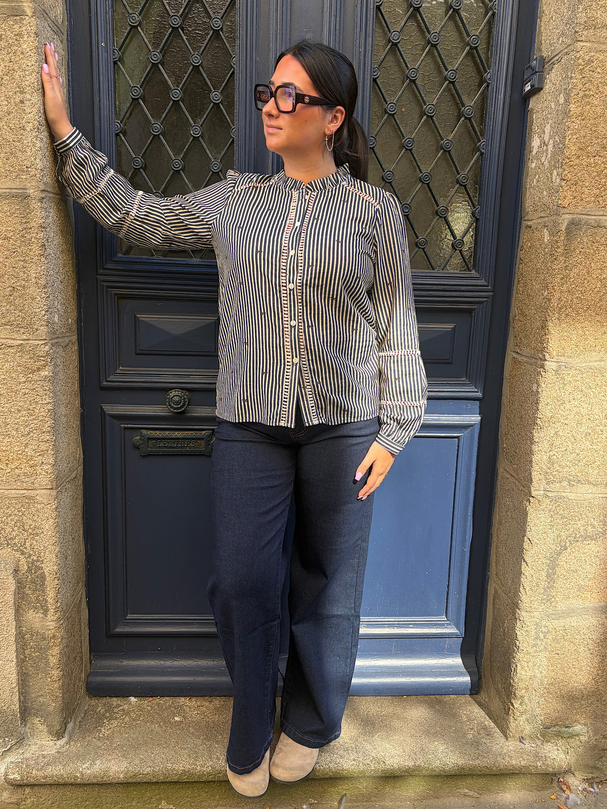 Blouse rayée bleu a noeuds marrons Eleonore