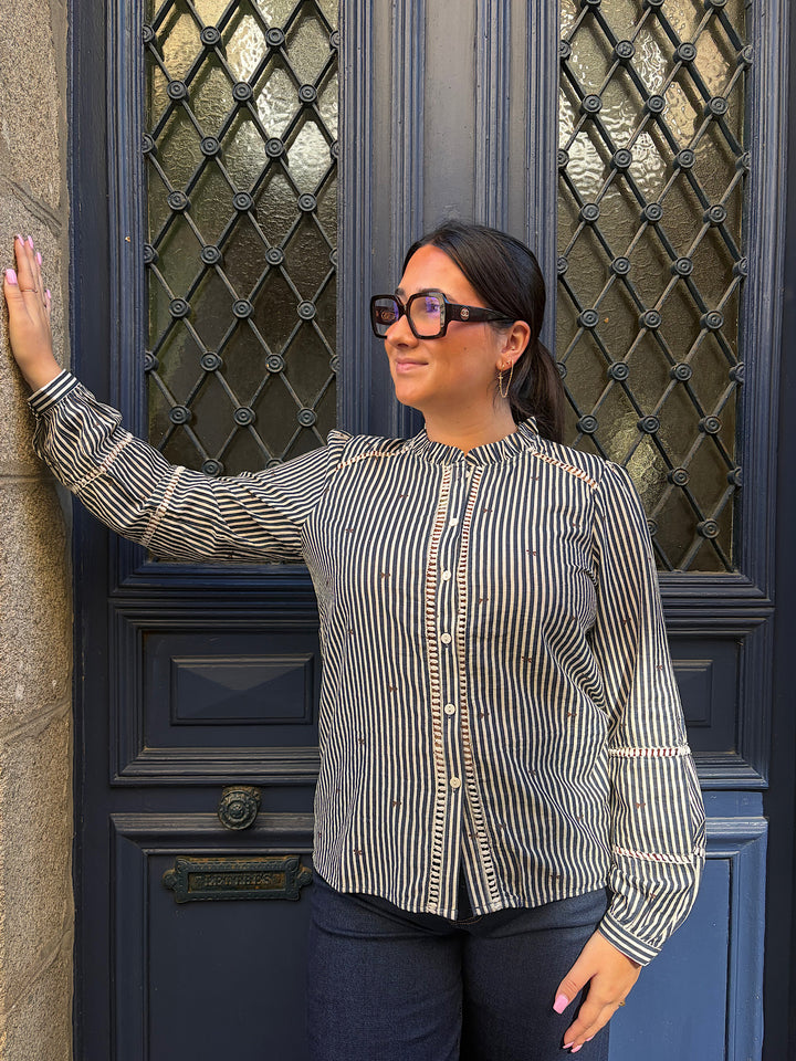Blouse rayée bleu a noeuds marrons Eleonore