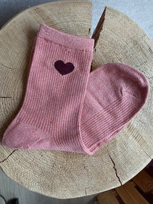 Chaussette coeur bordeaux à paillettes rose