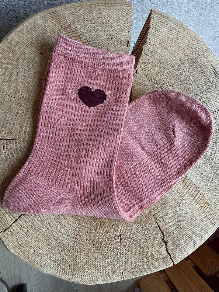Chaussette coeur bordeaux à paillettes rose