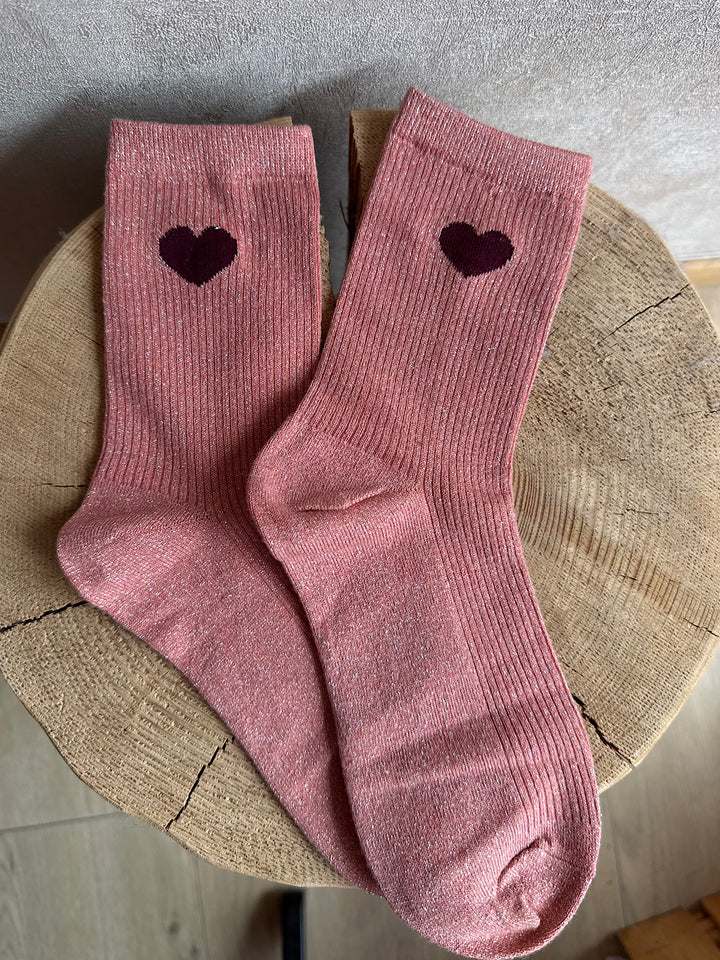 Chaussette coeur bordeaux à paillettes rose