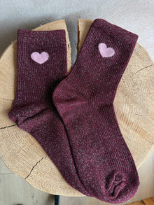 Chaussettes coeur rose à paillettes bordeaux