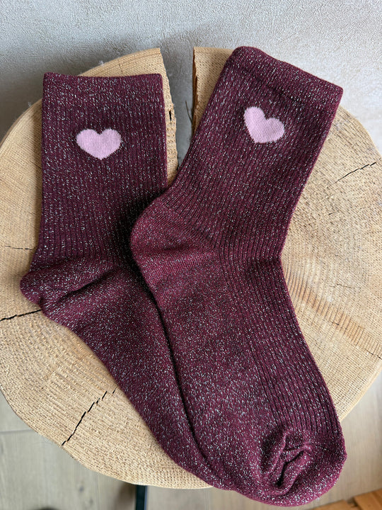 Chaussettes coeur rose à paillettes bordeaux