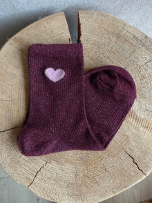 Chaussettes coeur rose à paillettes bordeaux