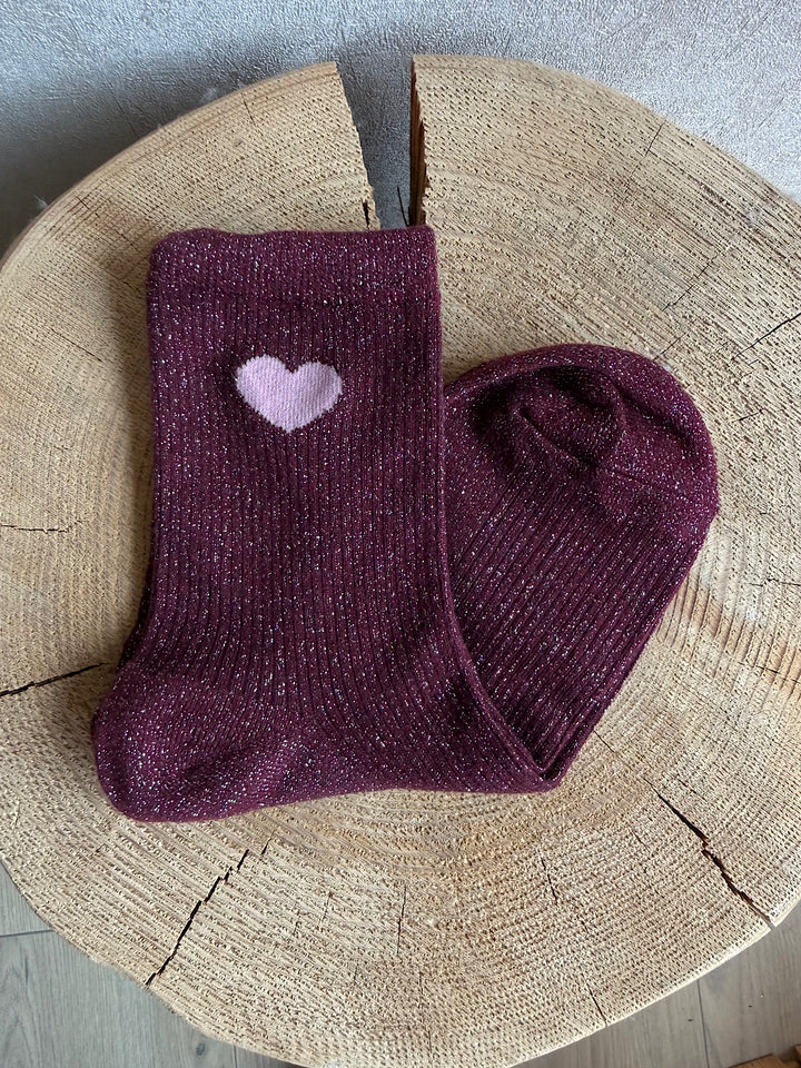 Chaussettes coeur rose à paillettes bordeaux