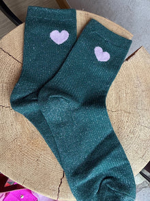 Chaussette coeur rose a paillettes verte