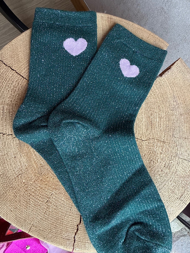 Chaussette coeur rose a paillettes verte