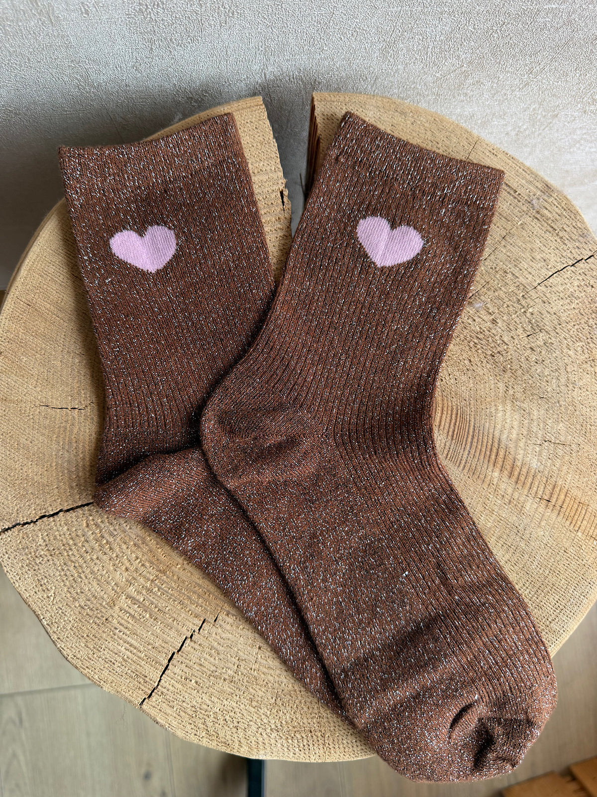 Chaussette coeur rose a paillettes marron