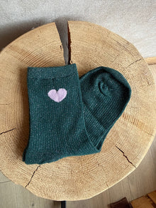 Chaussette coeur rose a paillettes verte