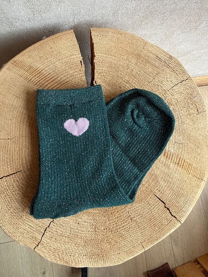 Chaussette coeur rose a paillettes verte