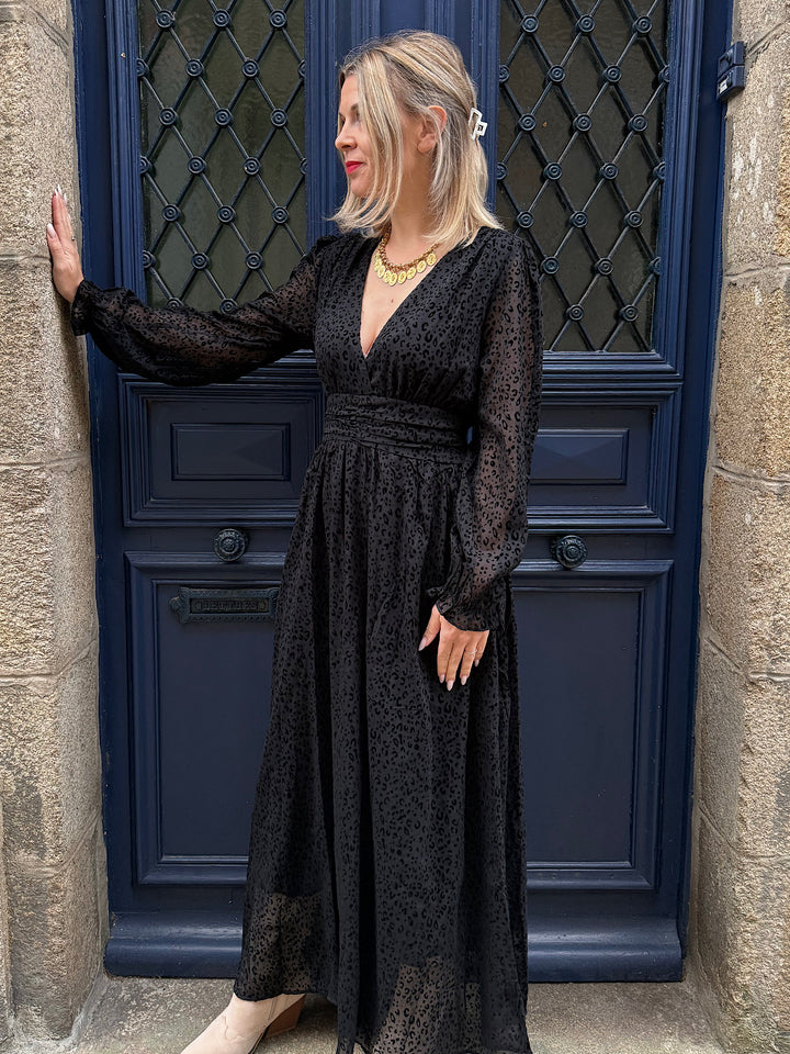 Robe longue noire leopard Fany