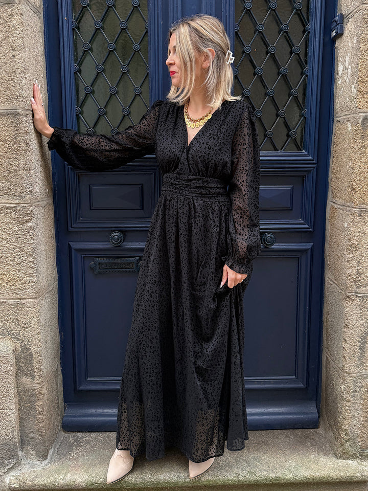 Robe longue noire leopard Fany