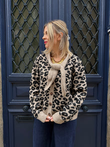 Gilet en maille col lavalliere leopard Anissa