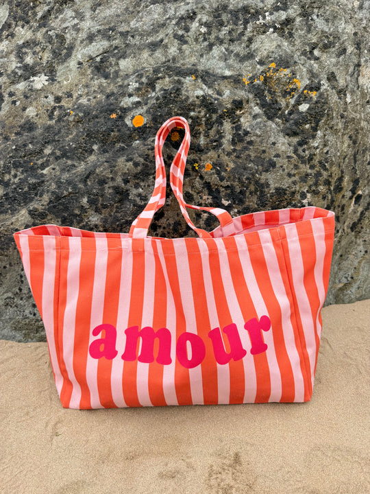 Sac cabas à rayures Amour orange et rose