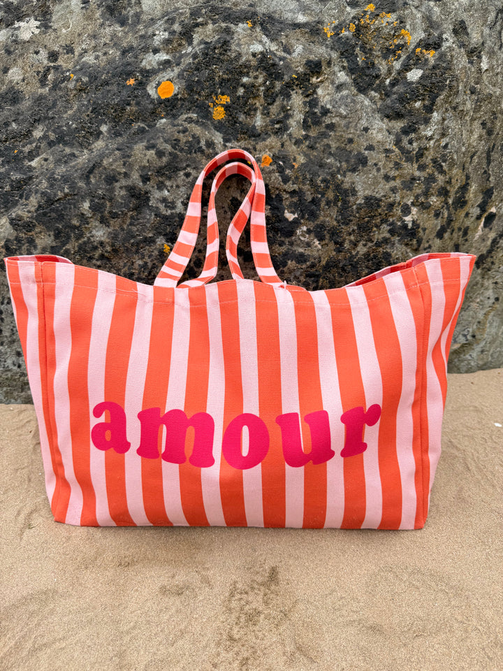 Sac cabas à rayures Amour orange et rose