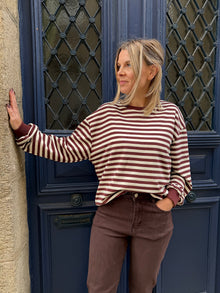 Sweat rayé beige et chocolat Alfred