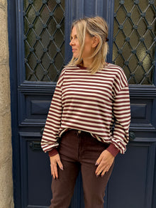 Sweat rayé beige et chocolat Alfred