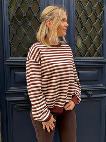 Sweat rayé beige et chocolat Alfred