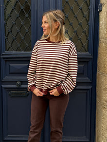 Sweat rayé beige et chocolat Alfred