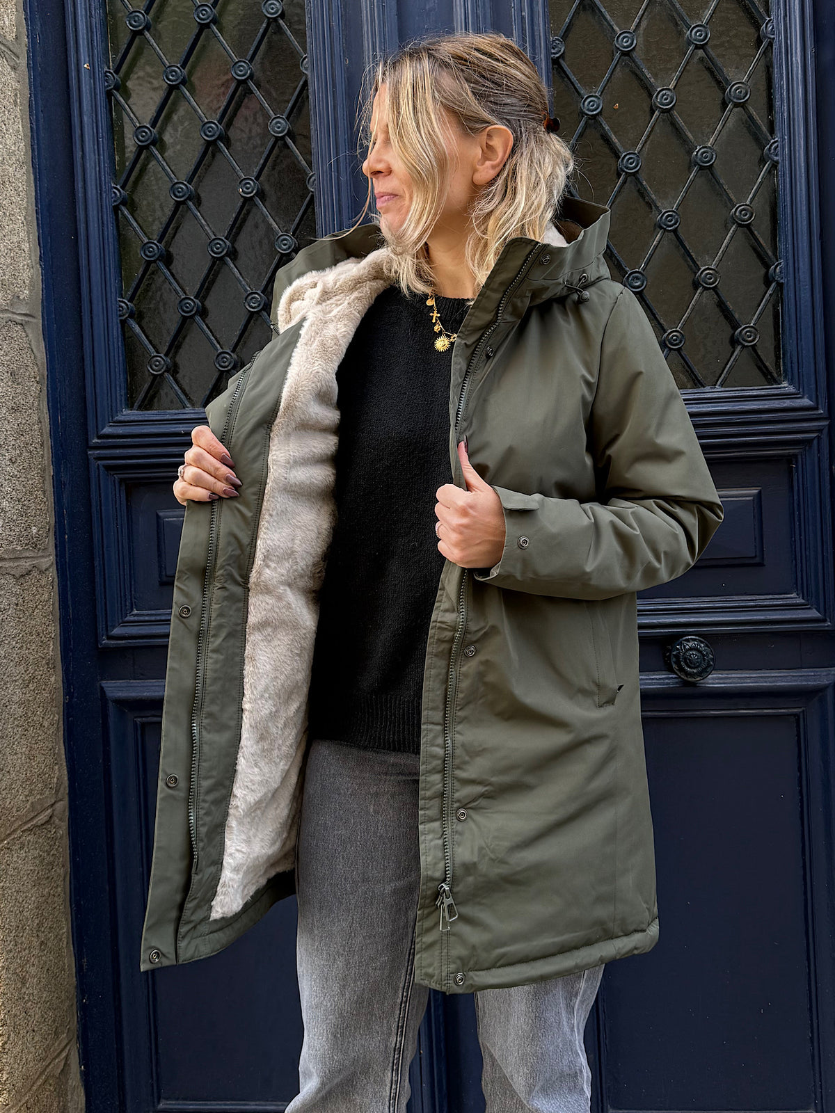 Parka fourrée longue kaki